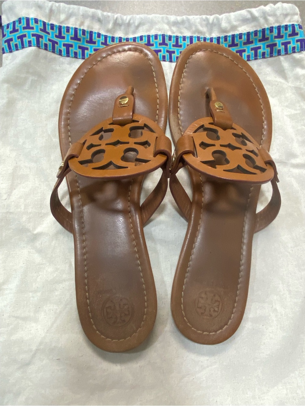 Tory Burch Cognac Leather Miller Cutout Thong Sandals